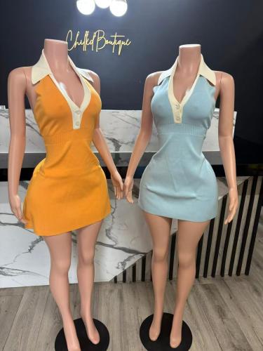 Collar knit vest dress, backless short skirt 930444862014