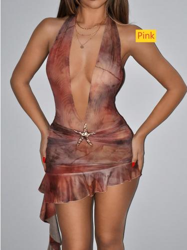 Printed skirt deep V-dress