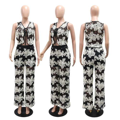 Perspective lace short V-neck sleeveless top paired with loose wide leg pants two-piece set