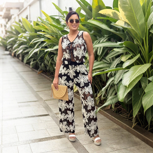 Perspective lace short V-neck sleeveless top paired with loose wide leg pants two-piece set