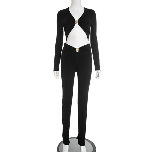 V-neck metal butterfly buckle splicing hollow out exposed navel pleated pants set