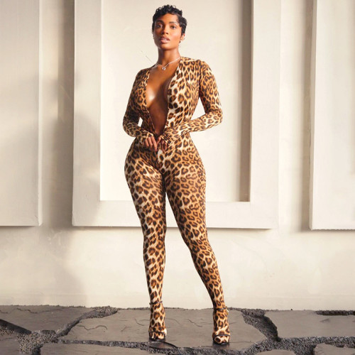 Leopard print deep V-neck backless elastic jumpsuit