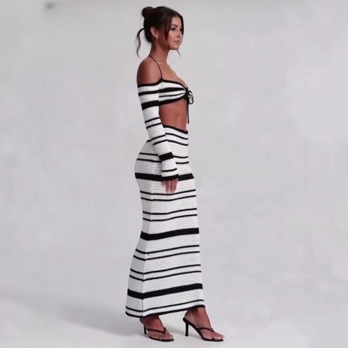 Knitted lace up crop top contrasting long sleeved striped sweater skirt set