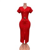 Split hip dress with metal buckle decoration, V-neck short sleeved mid length skirt