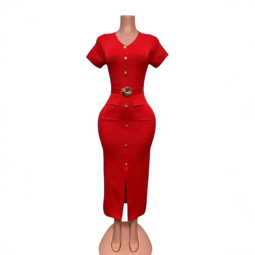 Split hip dress with metal buckle decoration, V-neck short sleeved mid length skirt