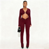 V-neck metal butterfly buckle splicing hollow out exposed navel pleated pants set