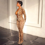 Leopard print deep V-neck backless elastic jumpsuit