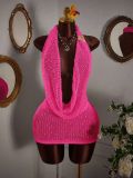 Knitted hanging neck pile collar backless sleeveless woolen jumpsuit short skirt