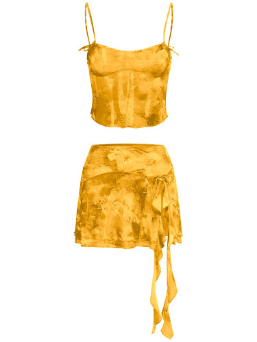 Mesh camisole vest irregular slit skirt set