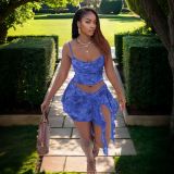 Mesh camisole vest irregular slit skirt set