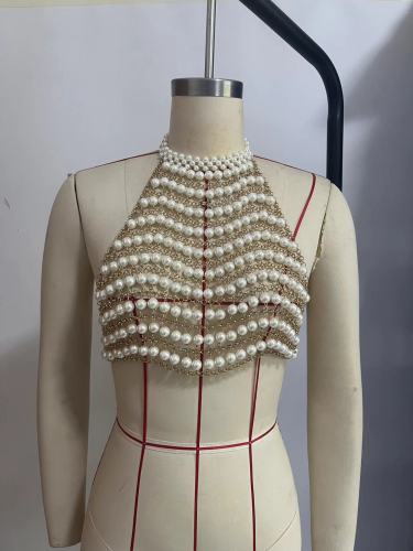 Handmade shell chest chain pearl chain vest top