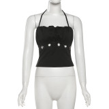 Hanging neck sleeveless top high waist solid color shorts set