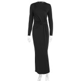 Long sleeved waist cinched pleated long dress