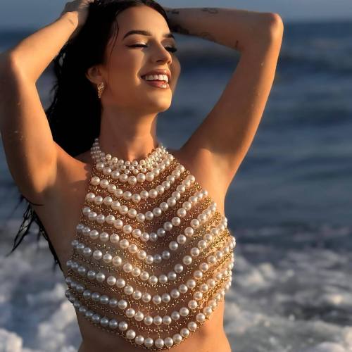 Handmade shell chest chain pearl chain vest top