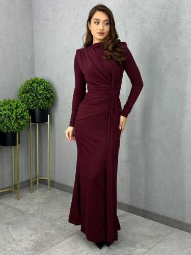 Long sleeved waist cinched pleated long dress