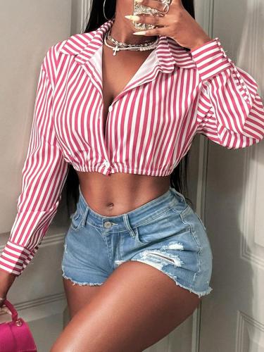 Vertical striped long sleeved button up shirt