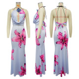 Swing collar backless hanging neck slim fit printed skirt set