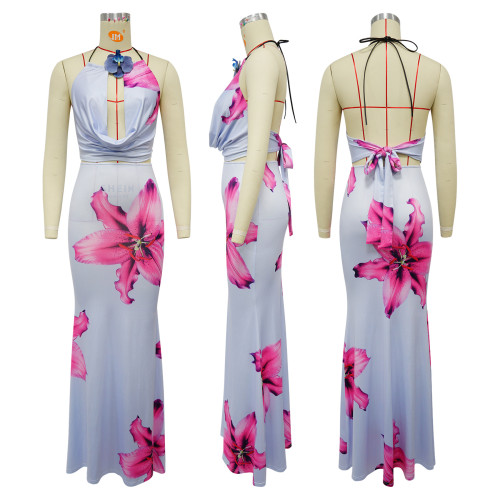 Swing collar backless hanging neck slim fit printed skirt set