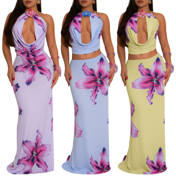 Swing collar backless hanging neck slim fit printed skirt set
