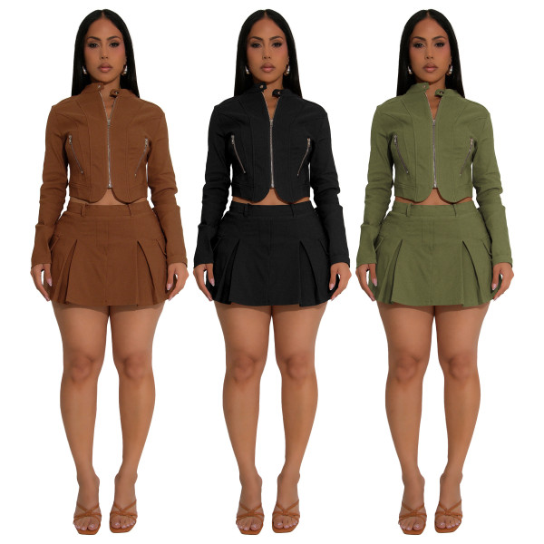 Long sleeved zipper top and short skirt two-piece set