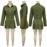 Long sleeved zipper top and short skirt two-piece set