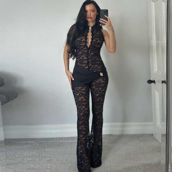 Lace patchwork sleeveless high waisted slightly flared jumpsuit