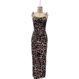 Split pleated camisole long skirt leopard print dress