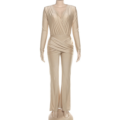 Deep V-long sleeved micro flared jumpsuit