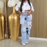 Tie cloth, wash white, make old, straight tube, loose denim pants