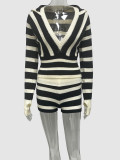 Hooded long sleeved striped contrasting top shorts set