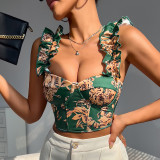 V-neck printed top with chest cushion and fishbone strap