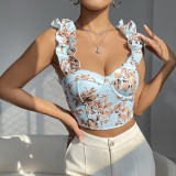 V-neck printed top with chest cushion and fishbone strap
