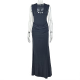 Wrinkled hip hugging skirt V-neck sleeveless temperament dress