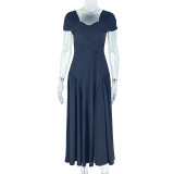 Pleated A-line skirt V-neck short sleeved slim fit backless long dress
