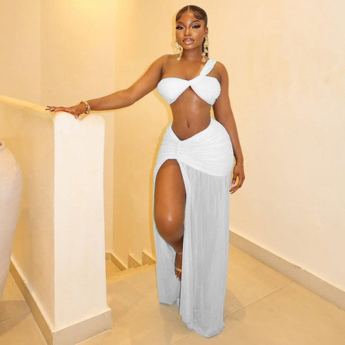 Umbilical design skirt set with slit, hip and chest wrapped, single shoulder two-piece set