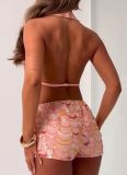 Beaded backless over-the-shoulder strap shorts set
