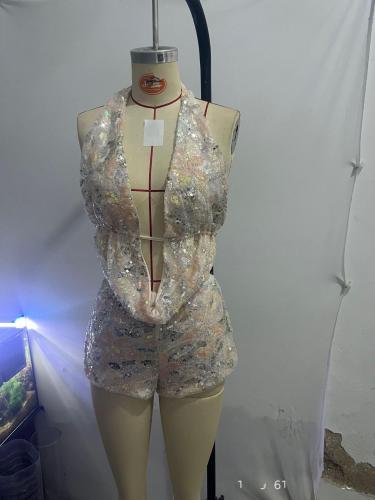 Glitter crop top with neck strap and short skirt set