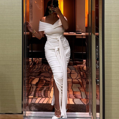 One collar off shoulder sleeveless flowing ribbon style slit skirt