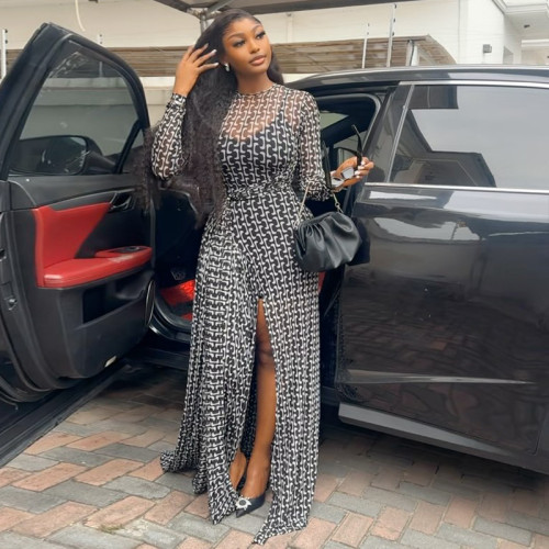 Split slightly transparent waist bag and hip skirt with printed high neck long sleeved dress