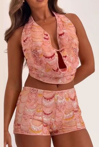 Beaded backless over-the-shoulder strap shorts set