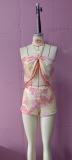 Neck hanging top, shorts, hip hugging short skirt set