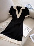 POLO collar short sleeved knitted dress straight tube loose V-neck T-shirt skirt