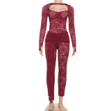 Perspective hollowed out backless lace up high waisted pants set