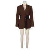 Tailored Long Sleeve Blazer with Side Tie Waistband and Paneling