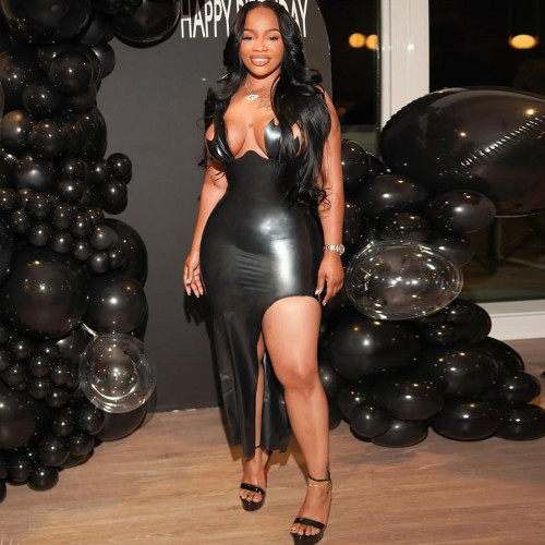 Irregular strapless leather tight high waisted slit dress