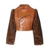 Splicing fur motorcycle jacket
