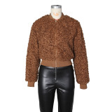 Short Jacket with Loose Fleece Baseball Style Outerwear (Goat Fur Simulation)