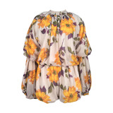 Printed round neck lantern sleeve top with ruffle edge shorts two-piece set L5553