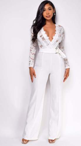 Line lace patchwork long sleeved wide leg jumpsuit