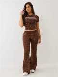Leopard print short sleeved top and flared pants two-piece set